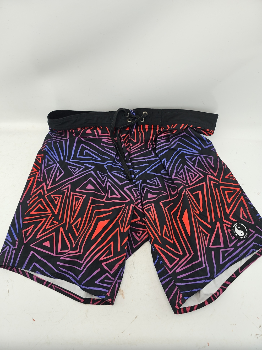 Black Swim Board Shorts with Red & Purple Geo Print